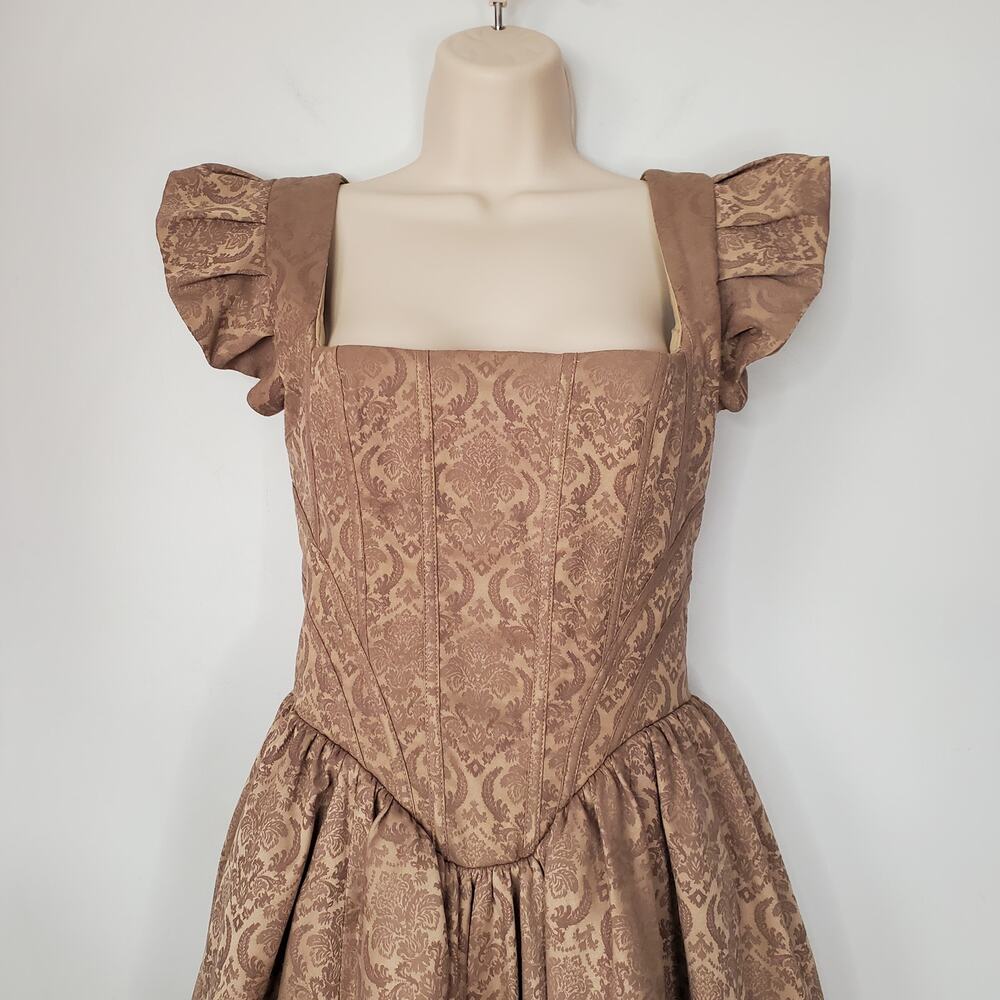 House of CB Alessandra Gold Jacquard Midi Dress with Detachable Bow Size Medium - Picture 8 of 16